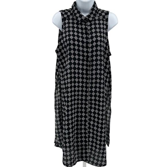 Maurices Duster Top SZ M Button Up Collared Black Geometric Tank Tunic Dress Top - Picture 1 of 8